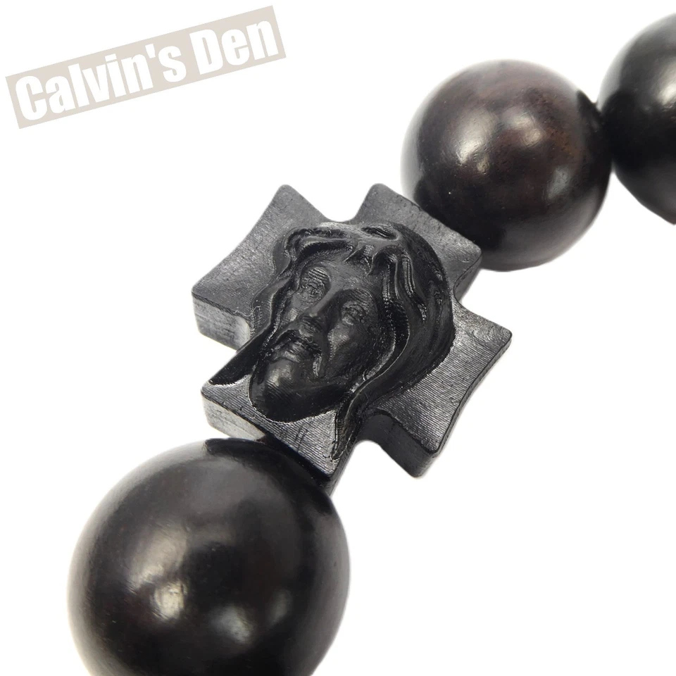 Black Ebony Wood Bead Rosary Stretchable Bracelet Holy Face of Jesus Cross Men - Image 4 of 4