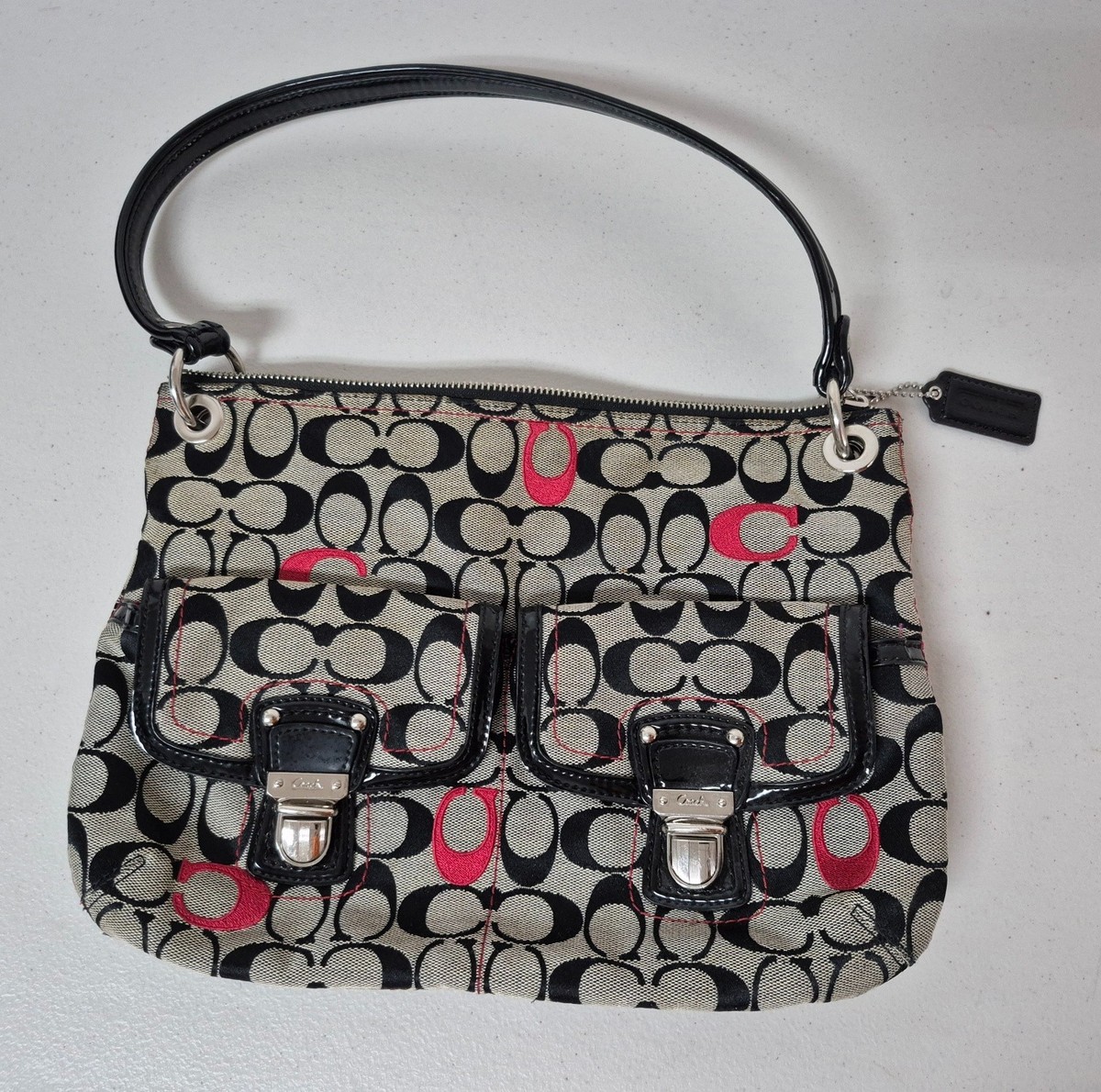 coachバッグ Authentic COACH #21186 Handbag Signature Print Cs Front Pockets