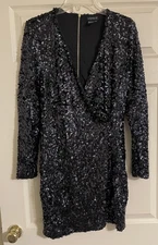 Venus Black Dress Black Sequin Cocktai Medium Deep V Mini Dress Back Zip