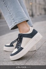 J/Slides NYC Platform Sneakers Leather Navy White Lace Up Women 8M NEW