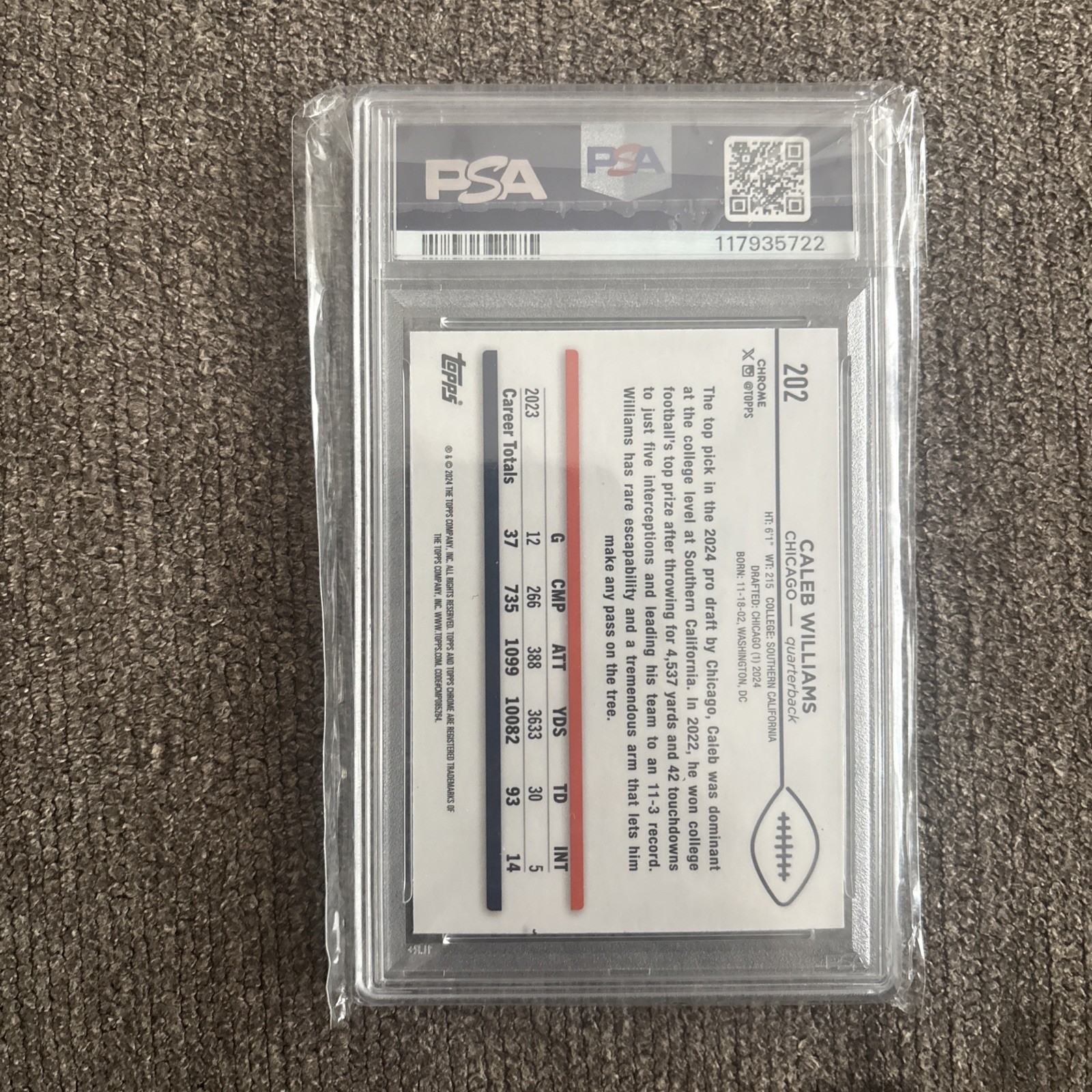 2024 Topps Chrome - Caleb Williams #202 Prism Refractor (RC) PSA 10 view 2