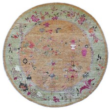 12'x12' Brown Round Rug Chinese Art Deco Inspired Peshawar Wool Hand Knotted