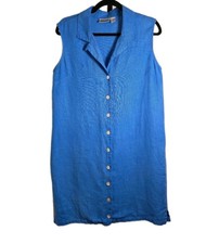Chicos Linen Sleeveless Button Front Shirt Dress Pockets Womens Small Blue