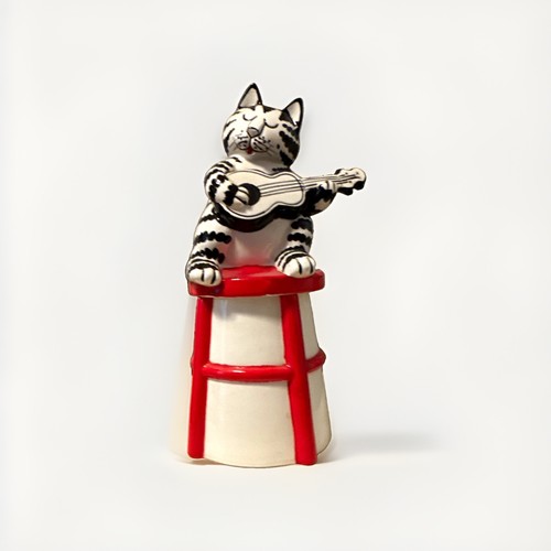 Vintage B. Kliban Fat Cat Ceramic Trinket Jar Playing Guitar on Stool