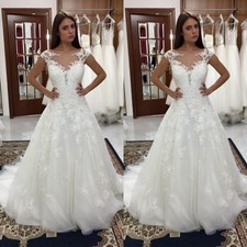 Boho Wedding Dresses Scoop Neck A Line Lace Appliques Sweep Train Bridal Gowns