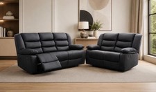 Roma 3+2 Seater Leather Recliner Sofa Set Black Luxury Living Room Furniture Sui