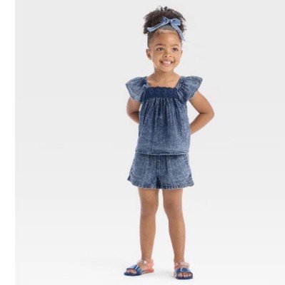 Cat & Jack Outfit Set Girls 5T Blue Denim Chambray Flutter Sleeve Top Shorts NEW