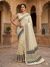 Women Beige Blue Digital Print Ajrak Mirror Work Chinnon Silk Saree For Women