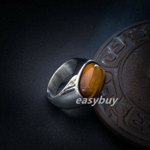 Authentic 2 Colors Man Gold Plated Stainless Steel Solid Tiger Eye Oval Stone  Band Ring