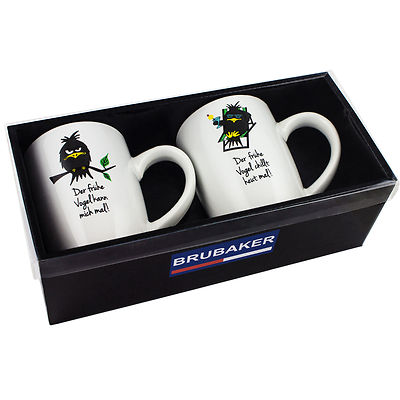 BRUBAKER 2er Set Becher ''Der frühe Vogel'' Keramik Kaffebecher Tasse Kaffeetasse