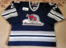 VERY RARE!! 2004-05 Edmonton Road Runners Rick Mrozik # 22 navy game used jrsy