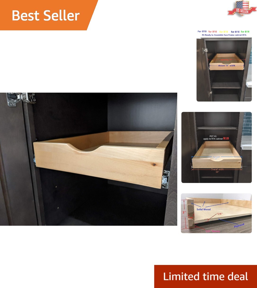 Wooden Pull-Out Shelf - 14" Width - Cabinet Organizer - DIY Fits RTA Cabinet