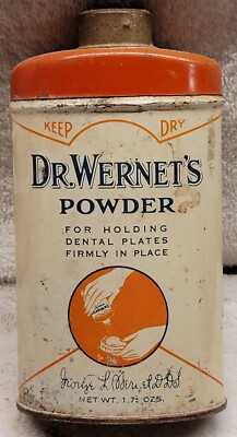 DR. WERNET'S POWDER FOR FALSE TEETH ADVERTISING TIN PARTIAL CONTENTS 