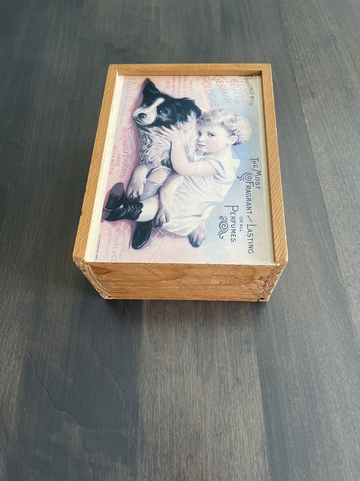 Hoyt’s German Cologne Vintage Wooden Box With Slide Lid Young Girl And
