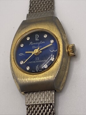 Vintage Ladies Remington Electra Watch Mechanical Gold Tone Blue Face  Works!