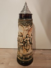Gro&szlig;er Bierkrug Beer Mug mit Zinndeckel Gerz Vintage 2L Relief Tanz zu Ernte