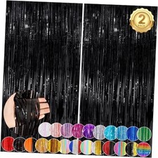 Fringe Curtain Party Streamers 3.3x8.3 Ft Foil Fringe Backdrop 2Pack Black