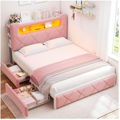 Full Velvet Bed Frame with Charging Station, Storage Drawers