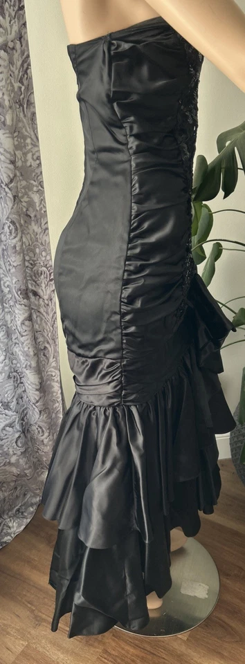 Vtg 80s ZUM ZUM Black Satin Sequin Formal Prom Mermaid Strapless Dress - Image 4 of 4