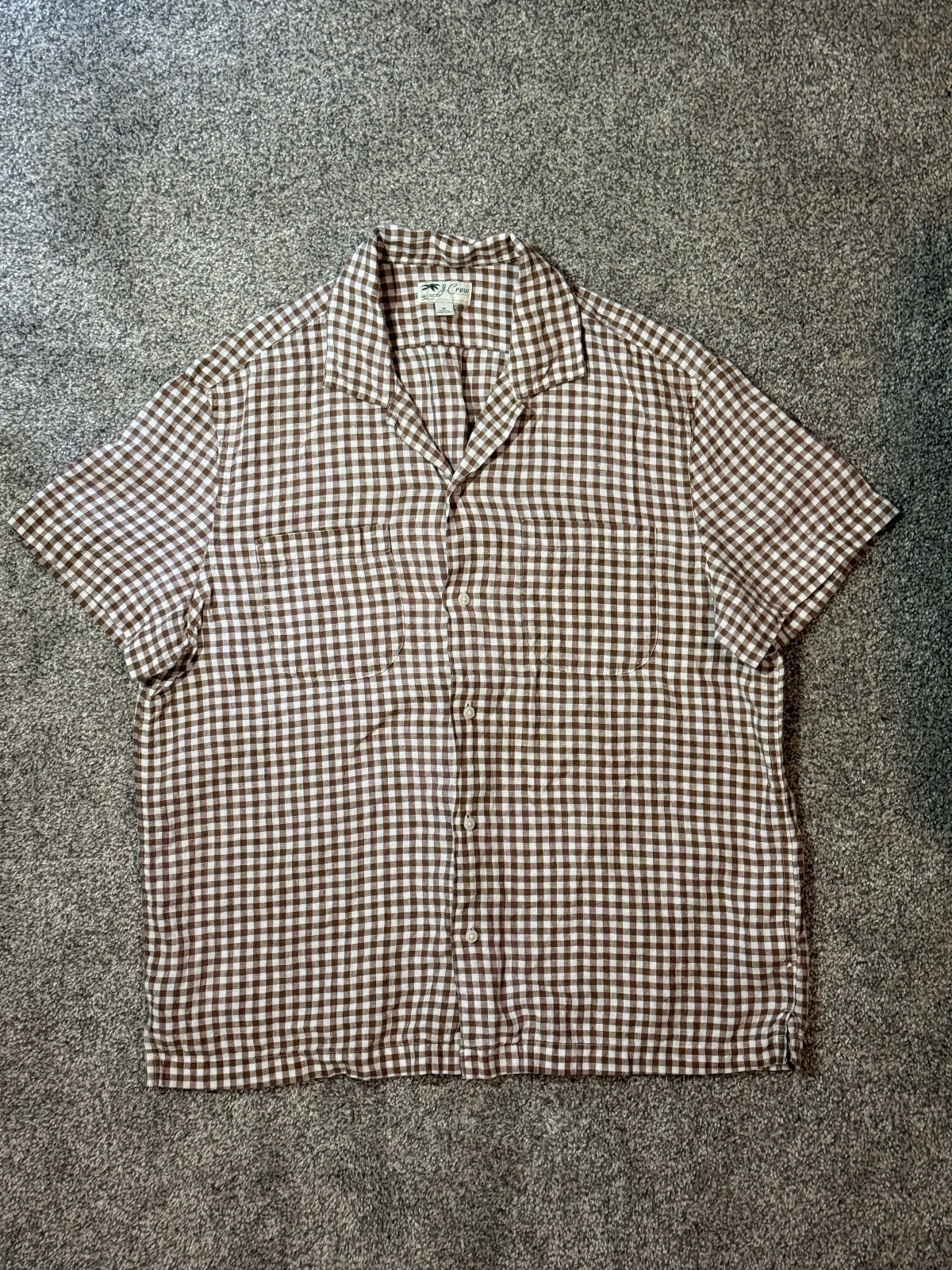 JCrew Men's Short-Sleeve Camp-Collar Shirt, Brown/White Checked Linen, M