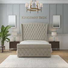 Image of Amerlife Style Plush Velvet Upholstered Bed Frame With Winged Headboard Kingsize