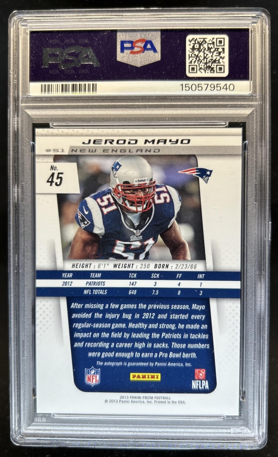 2013 Panini Prizm Jerod Mayo Auto Autograph #45 Patriots PSA 8 view 2