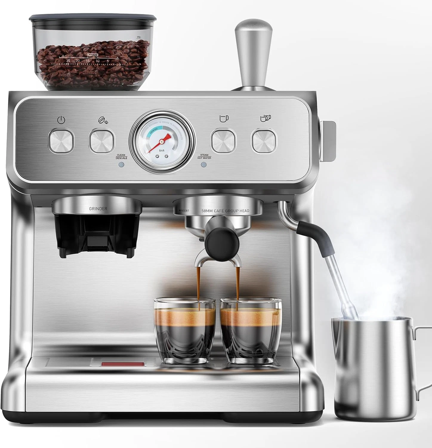 Dual Boiler Espresso Machine with Grinder & Milk Frother, 95Oz Tank