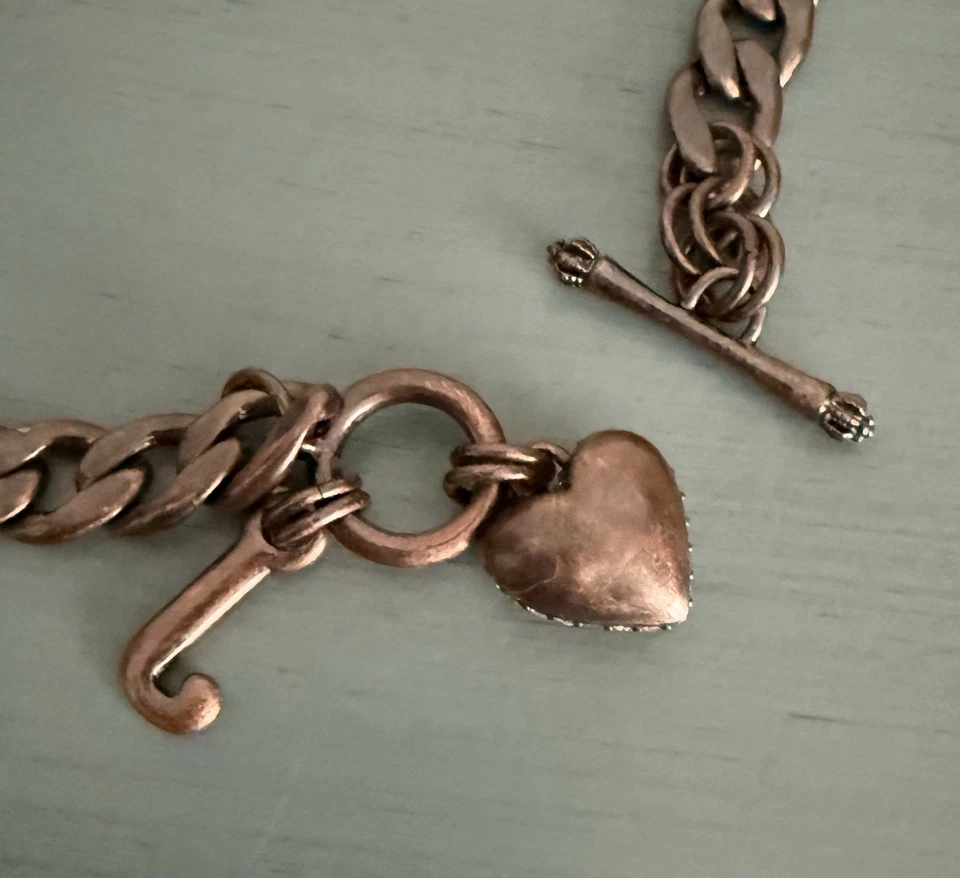 Vintage Juicy Couture Rose Pink Pave Crystal Heart Toggle Charm Necklace Y2K - Image 4 of 4