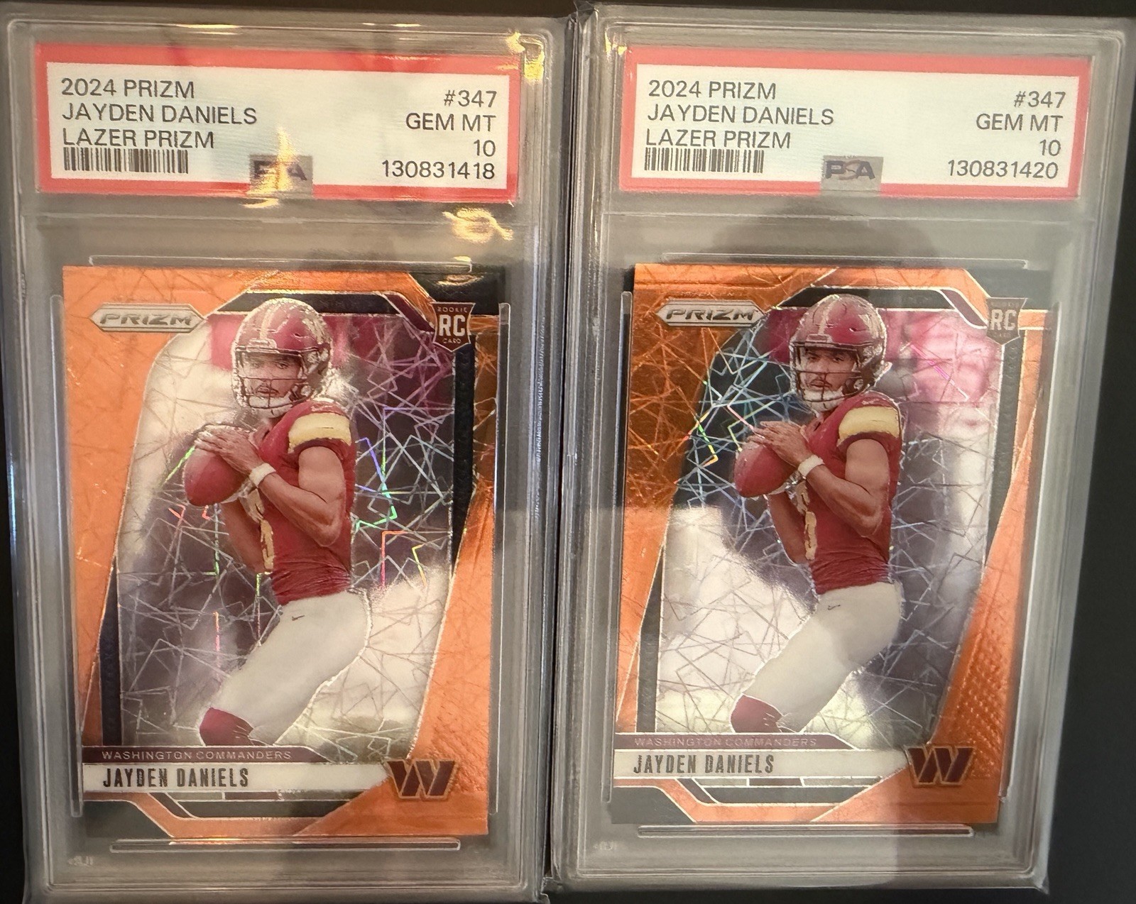 (1) 2024 Prizm Lazer Orange #347 Jayden Daniels Commanders RC Rookie PSA 10