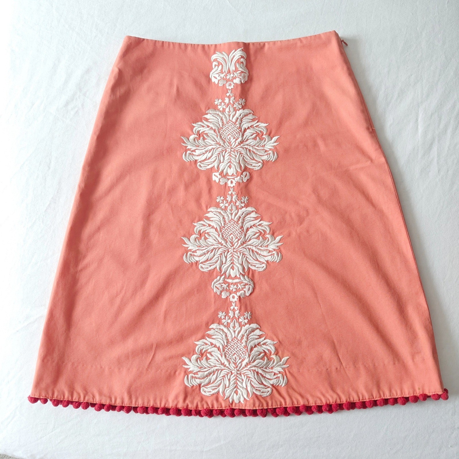 Elevenses Anthropologie Coral Pink Embroidered Pom Pom Knee Length Skirt Size 2