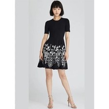 OSCAR de la RENTA Sz S Small Black White Floral Fit Flare Knit Dress