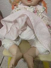 Blonde Curly Hair Baby Doll Girl in Pink Floral Dress, Vinyl  Cloth