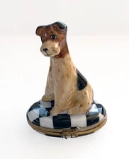 ∞ LIMOGES France PEINT MAIN Porcelain Trinket Box Wire FOX TERRIER AKC Era 1980s