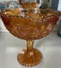 VINTAGE IMPERIAL CARNIVAL GLASS COMPOTE PEDESTAL BOWL MARIGOLD HOBSTAR ARCHES