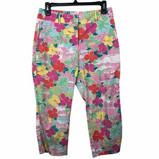 Vtg Lilly Pulitzer Colorful Floral Beach Bird Print Lightweight Capri Pants Sz 4