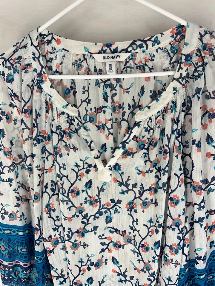 Blusa OLD NAVY Talla Grande XXL Azul Blanco Floral Gasa Folk Boho Campesino Top Foto 3 de 4