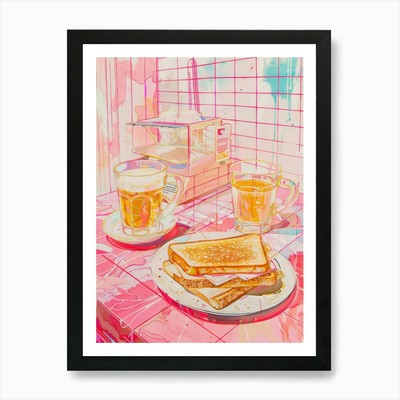 Rosa Frühstück Essen Kaffee und Toas gerahmtes Wandbild Poster Leinwanddruck Bild