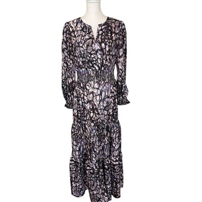 Atelier Womens Purple Brown Snakeskin Print Smocked Waist Tiered Maxi Dress 6
