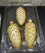 Set of 3 Holiday Time 4" Goldtone Pinecone Glass Christmas Ornaments Boxed