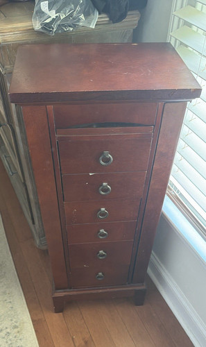 Brown Wood Jewelry Armoire Cabinet w/ 5 Drawers, 1 Door & Hanging Hooks
