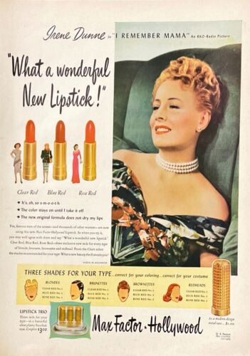 Anuncio impreso vintage lápiz labial Max Factor 1947 maquillaje Irene Dunne anuncio anuncios de belleza retro