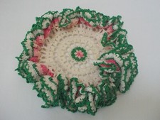 VTG Ultra Frilly Ivory Pink  Green Flower Center Hand Crochet Round Doilie