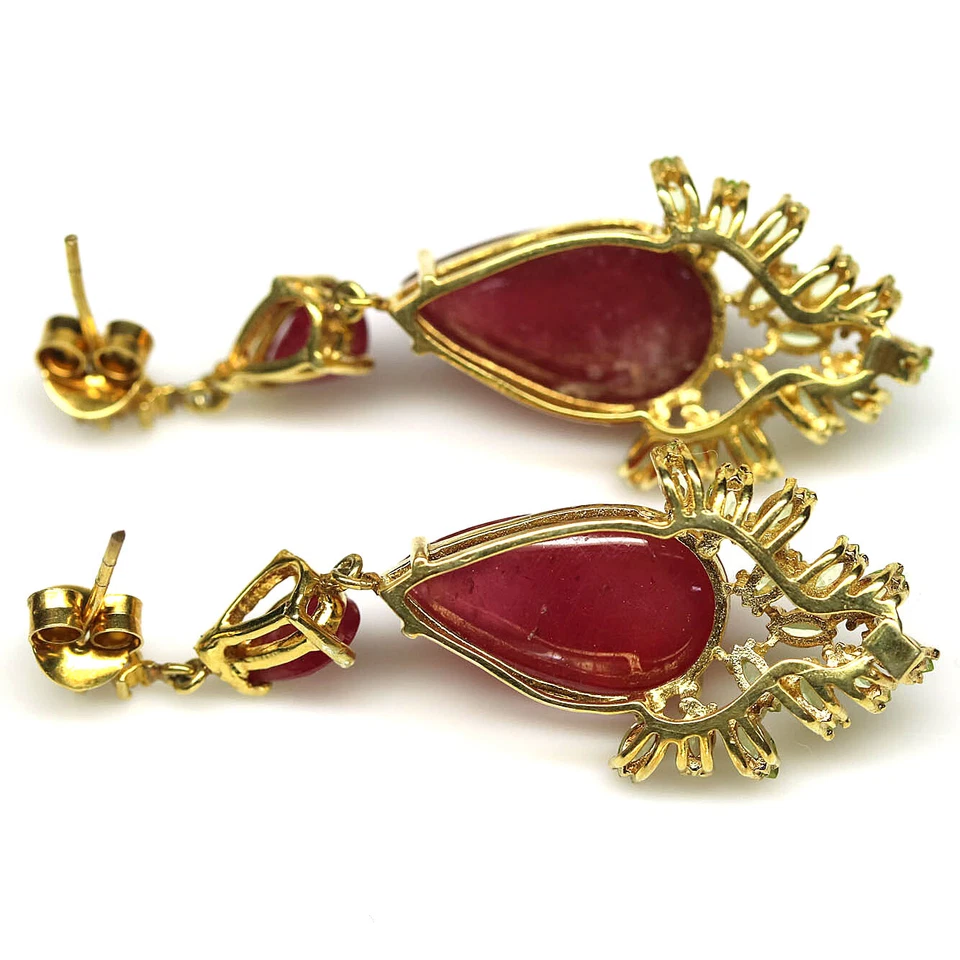 925 Sterlingsilber 11 x 17 Mm. Rot Rubin,Peridot & Zirkonia Ohrringe 18K Gold - Bild 3 von 4
