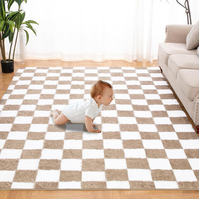 Super Soft Rug for Bedroom, 5X7 Ft Beige and White Area Rug Classic Checkered Sh