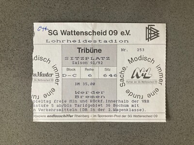 SG Wattenscheid 09 v Werder Bremen 1991-92 Match Ticket