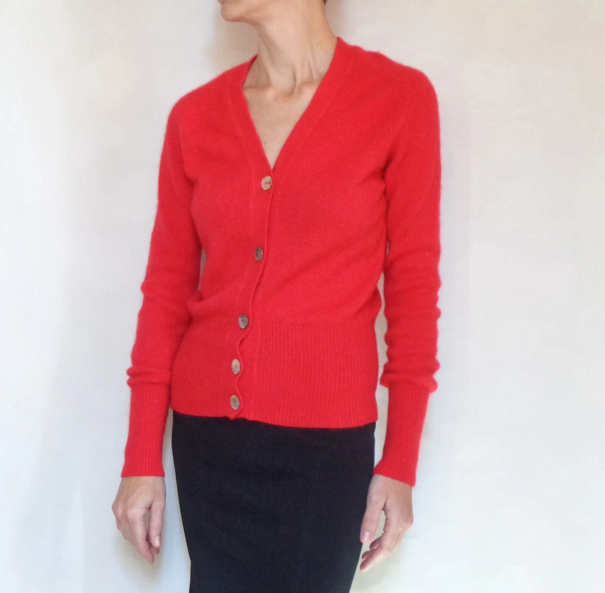 Ladies wool v neck cardigan Red cashmere pullover Soft Fluffy Lana Angora M size