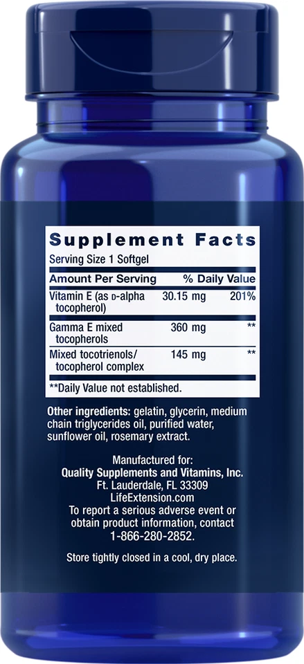 Gamma E Mixed Tocopherols & Tocotrienols, Life Extension, 3X60gels 360mg 45IU Foto 2 de 2