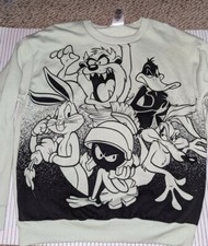 Looney Tunes Sweatshirt Light Green Men's Large Bugs Bunny, Daffy, Taz, Wile E C