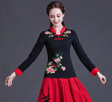 Fashion Chinese style Women's Cotton Linen Tops Ethnic T-shirt Blouse embroidery
