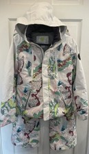 Obermeyer Ski Jacket Pants Teen L 14-16 White w/ World Print/ Attached Hood